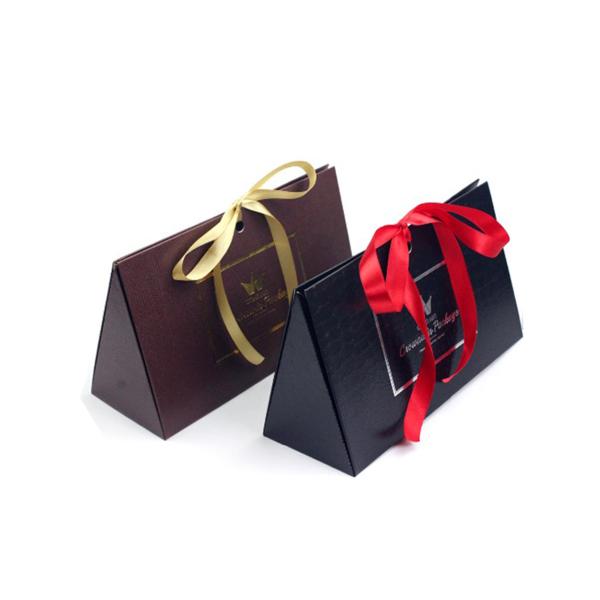 Fancy Triangle Gift Box With Logo Hot Stamped And Ribbon Attached
