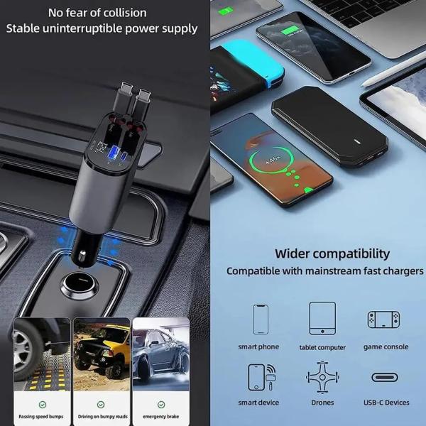 4 in 1 Car Fast Charger Retractable 100W for iPhone Type C Cables and 2 Charging Ports