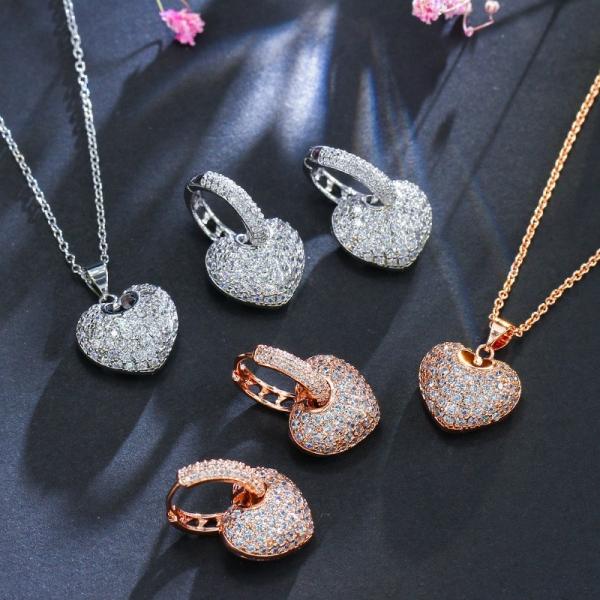 Elegant Leaf Shape Heart-Shaped Party Earrings and Necklace CZ Gold Plated Necklace Wedding Jewelry Set for Bride