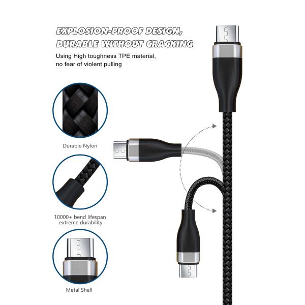 Nylon 3.3FT Black 480Mbps Micro Data USB Cable For Mobile Phone