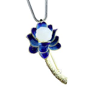 China 18K Gold Plated 925 Silver Enamel Lotus Flower Jade Pendant Necklace Brooch For Women(XZ81001) on sale
