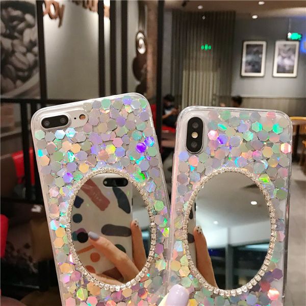 Rehinestone Electroplated Designer Makeup Phone Case With Mirror