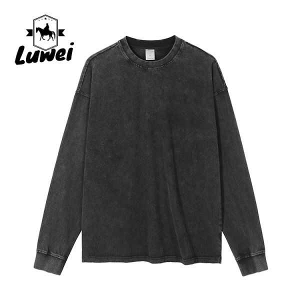 Long Sleeve Heavyweight Cotton Hoodie Grey Crew Neck Vintage Man Sweatshirts