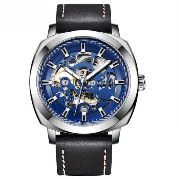 Skeleton Mechanical Waterproof Quartz Watch 45mm Dia Leather Strap Mens Watch