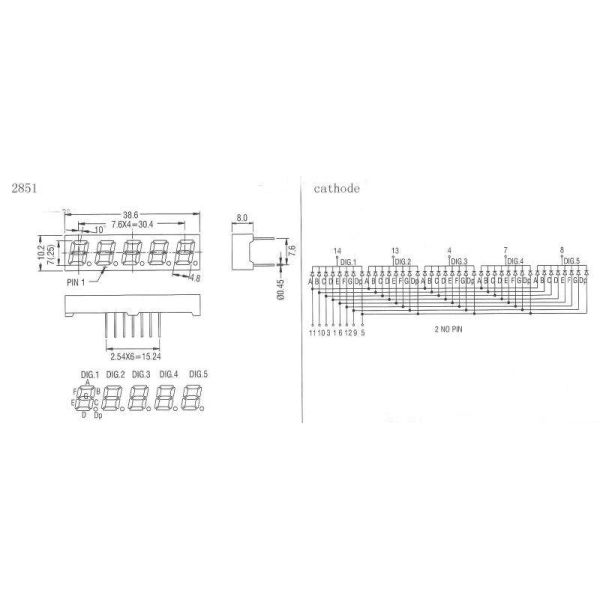 Blue Emitting LED Segment Display Common Cathode 0.28" 5 Digit 200mcd