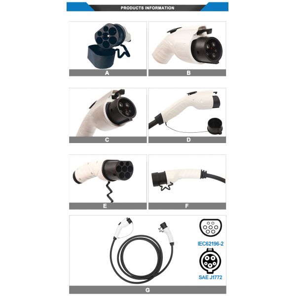 Electric Vehicle Charging Cable 32A Type1 To Type2 Ev Charging Cable 5M