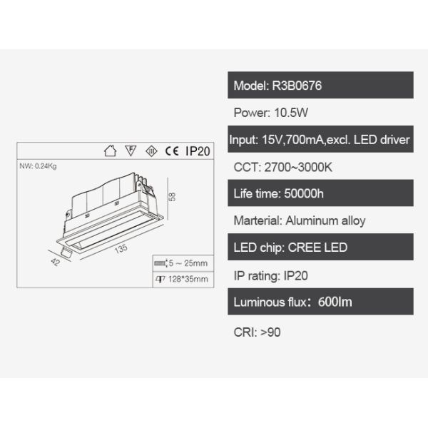 Unique10.5W Rectangular COB LED Recessed Downlight linear Light Laser blade Aluminum Alloy