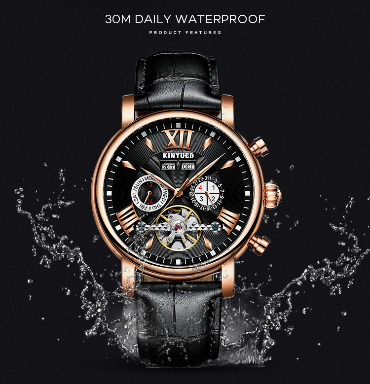 KINYUED oem waterproof custom logo leather fashion tourbillon skeleton wrist watch luxury automatic watches
