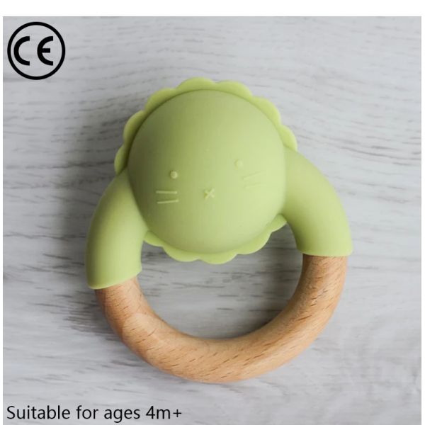 Organic Beech Wooden Silicone Teether LFGB Standard Baby Rattle Ring