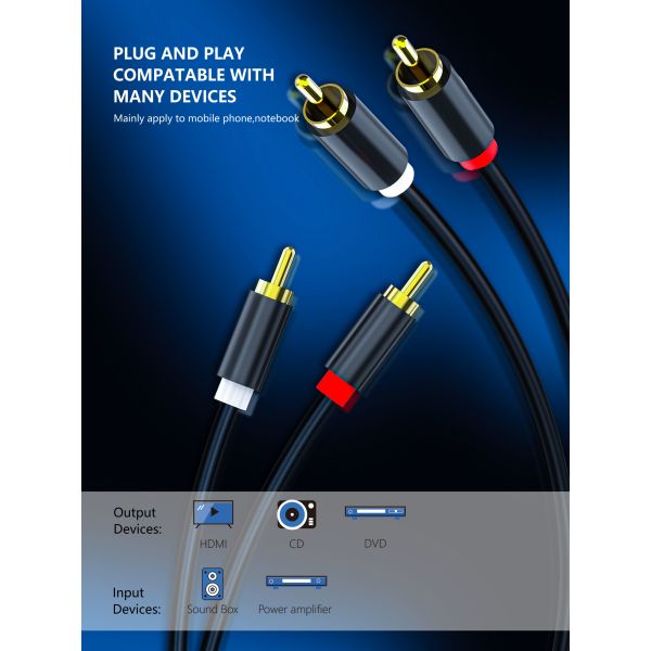 2RCA Male To 2RCA Male Gold Plated Audio Cable , Black 6 Ft 3.5 Mm Audio Cable