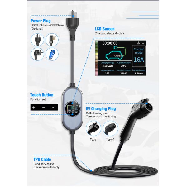 SAE J1772 Plug Portable EV Charging Station Mode 2 EV Charger CE FCC