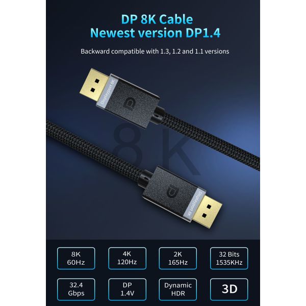 1.2 144Hz Gold Plated 8K Displayport Cable DP1.4 VESA Certified HBR3 DSC