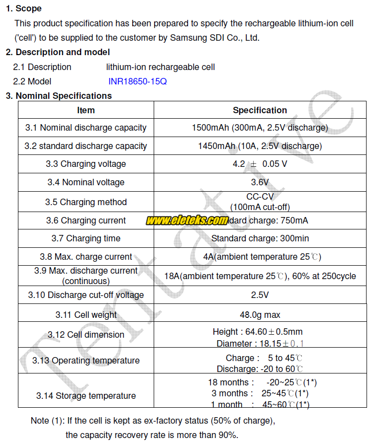 Authentic Samsung INR18650-15Q 1500mAh 3.7V 18650 15Q 15QM li-ion rechargeable battery 18A high power discharge battery