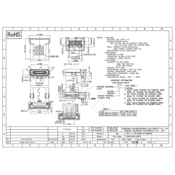 C Type Micro USB Female Connector 3.1 Insulation Resistance 100mΩ MIN