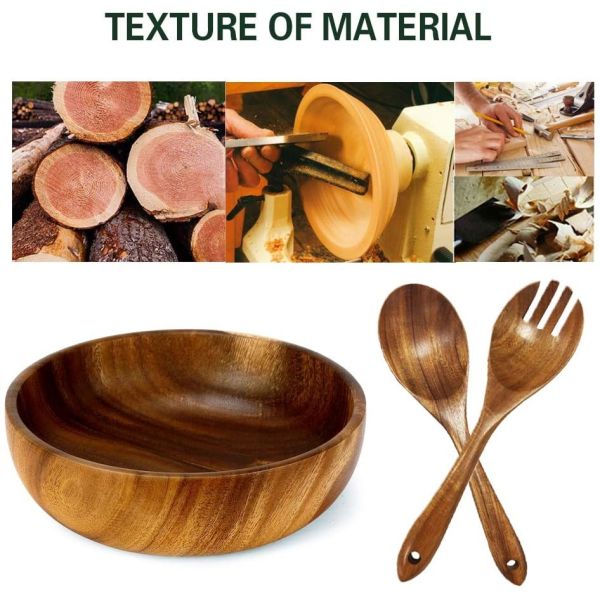 Handmade Acacia Carved Wooden Salad Bowl Toxin Free 9.5''x3.1''