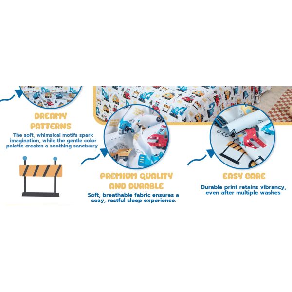 Engineering Car Sheets with Deep Pockets, Wrinkle-Free, Cozy Soft Cartoon Print Bed Sheets Set