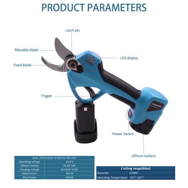 Swansoft LED Display Li-ion battery powered cordless electric pruning operated tree prunner cutting scissors pruner