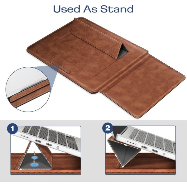 Laptop case MacBook Air 13.6M3 M2 A3113 A2681/MacBook Pro 14 A2992-PU Leather thin bag cover with stand function, brown