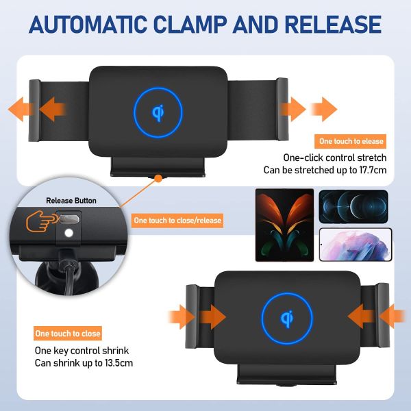 FOD 15W Wireless Car Charger Phone Mount 9V Dashboard Windshield Adjustment