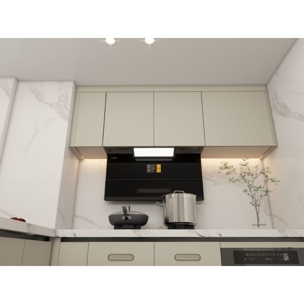 Modern Beige Stainless Steel Kitchen Cabinet With High-Low Design Quartz Countertop