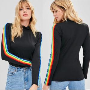 China New Fashion Rainbow Stripe Long Sleeve Cotton T Shirt on sale