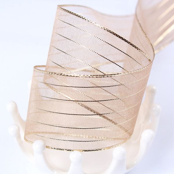10mm-25mm Gold Line Striped Polyester Organza Ribbon for Gift Wrapping and Boxes Packing or Ribbon Bow