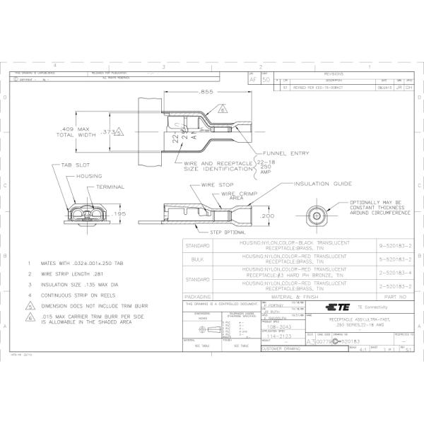 Non-Insulated Cord End Terminal Amp Tyco Te 2-520183-2 Ultra-Fast 250 Quick Disconnects
