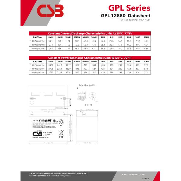 CSB GPL12880 12V 88Ah Maintenance-Free Sealed Lead-Acid Battery Valve-Regulated Lead-Acid Battery For Solar Systems Emergencies