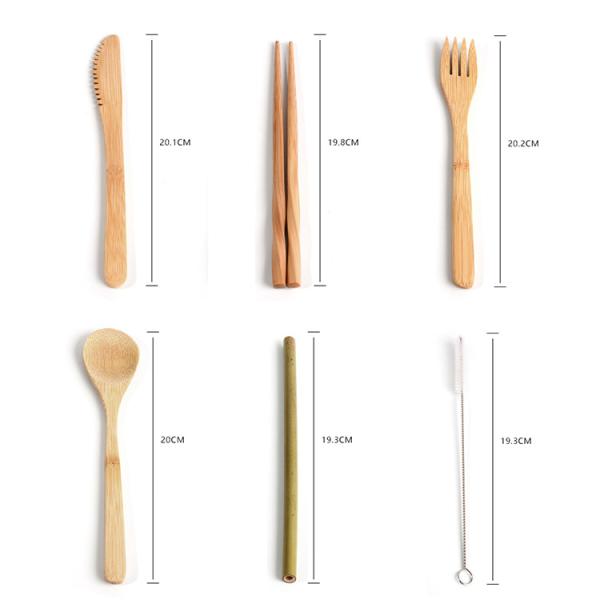 Eco Friendly Kitchen Flatware Sets Natural 7PCS Reusable Bamboo Cutlery Set With Bag