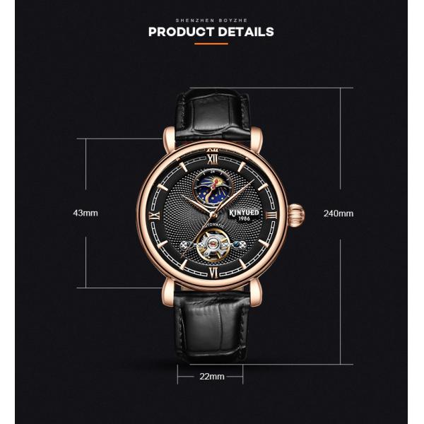 Black Genuine Leather Mechanical Watch Moon Phase Multi Functional
