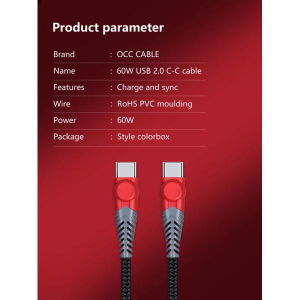 Nylon 60W 1Ft USB Type C Pd Charger Cable Black Color Data Transfer