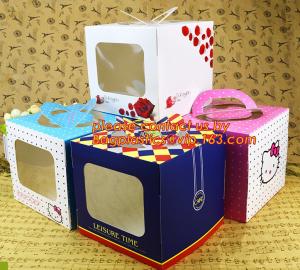 China decorative personalized paper cake boxes, Custom artpaper handle cake box with PVC window, wedding cake boxes with handl wholesale
