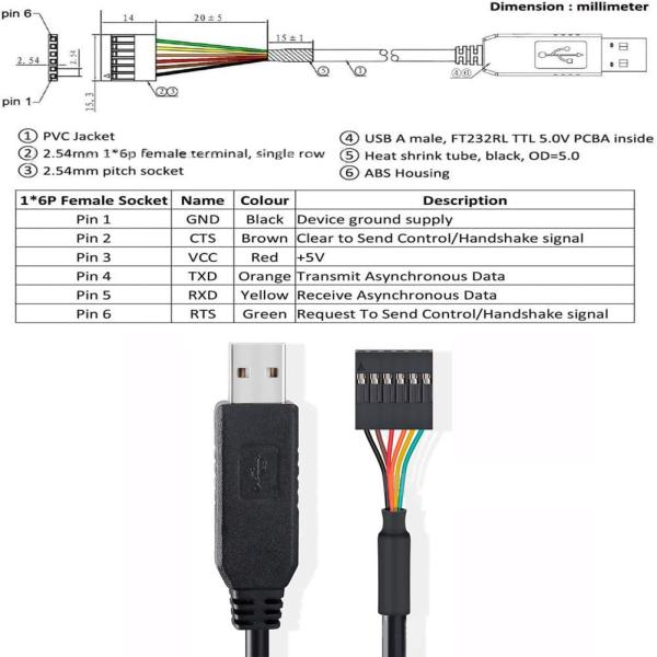 FTDI Chip USB To 6P TTL-232R-3V3 5V Level Module Serial Port Cable Ttl3.3v5v, Customizable Power Supply Pin Number