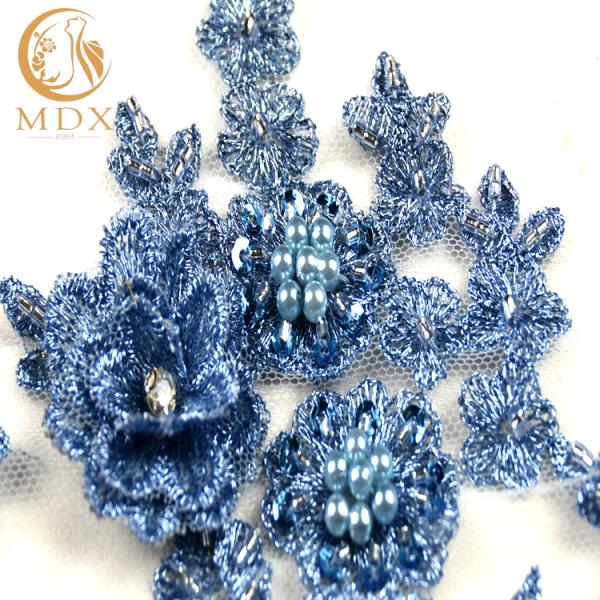 3D Embroidery Rhinestone Lace Fabric Handmade Blue African Lace Fabric