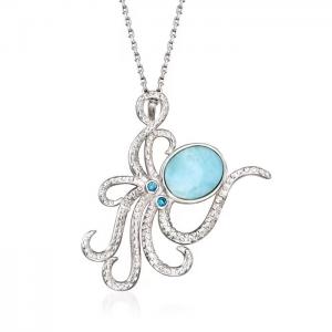 China Larimar Octopus Pendant Necklace In Sterling Silver With CZ Accents on sale