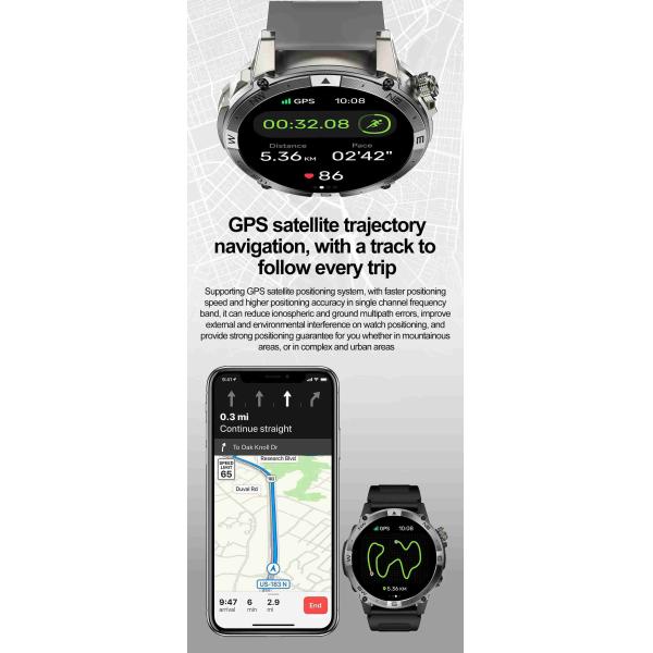 HK08 Android Sport Smart Watch 1.43inch Amoled Outdoor GPS and Altitude Waterproof