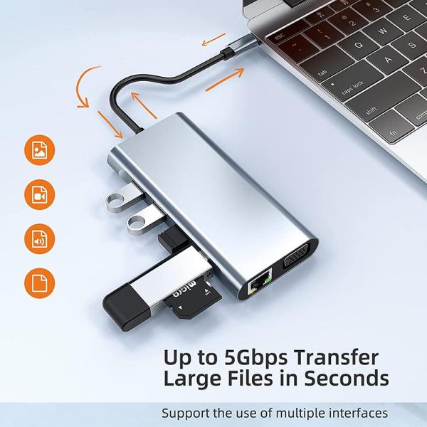 USB C Type C 10 In 1 Docking Station with 4K HDTV VGA Lan RJ45 USB3.0 Card Reader PD