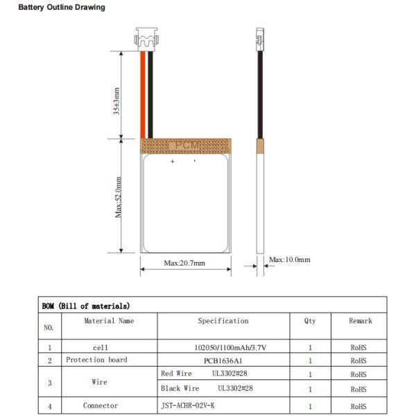 Low Internal Resistance Custom Lipo Battery 102050 3.7V 1100mAh Poly Battery for Digital Watch