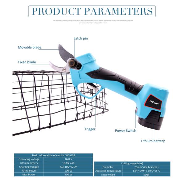 16.8V 2.5CM Batería Orchard Pruer Tijeras de podar eléctricas Tijeras con protección para los dedos