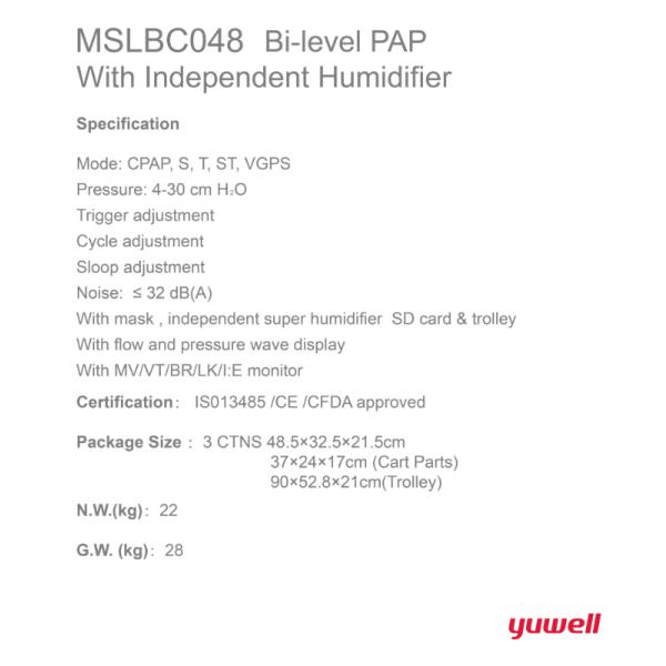 Yuwell Bi-level PAP Positive Airway Pressure with Independent Medical Grade Humidifier YH-830