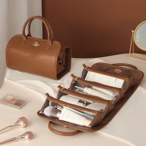 China Foldable Niche Portable Retro Luxury Detachable Minimalist Makeup Organizer Bag Waterproof PU Leather Cosmetic Bag 2026New Style wholesale