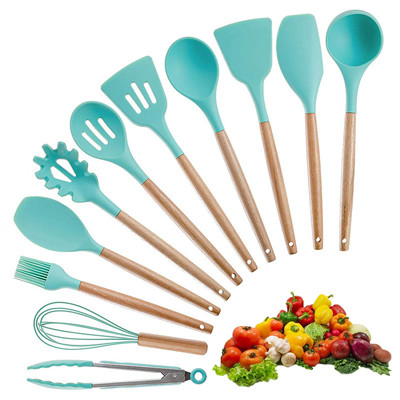 Green Silicone Kitchen Cooking Utensils Set With Wooden Bamboo Handles