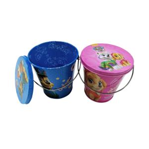 China Mini Embossed Christmas Tin Pail Buckets With Lid And Handle Candy Holiday Packaging on sale