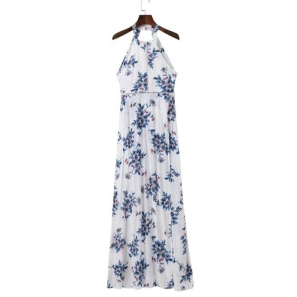 Bohemian Halter Backless Sleeveless Floral Printed Slit Maxi Long Dress for Woman