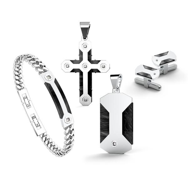 Man Stainless Steel Jewelry Set Pave Zircon Black Onyx Earrings Bracelet Necklace Set