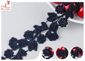 China Black Floral Embroidery Edging Lace Trim Via Water Soluble With High Color Fastness Dye on sale