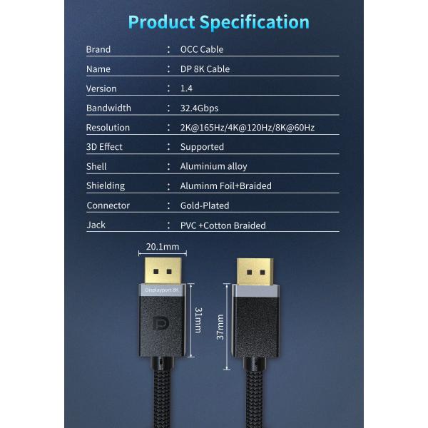 1.2 144Hz Gold Plated 8K Displayport Cable DP1.4 VESA Certified HBR3 DSC