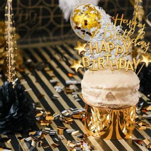 Birthday Paper Fans Banner Confetti Balloon Fireworks Golden Cupcake Topper For