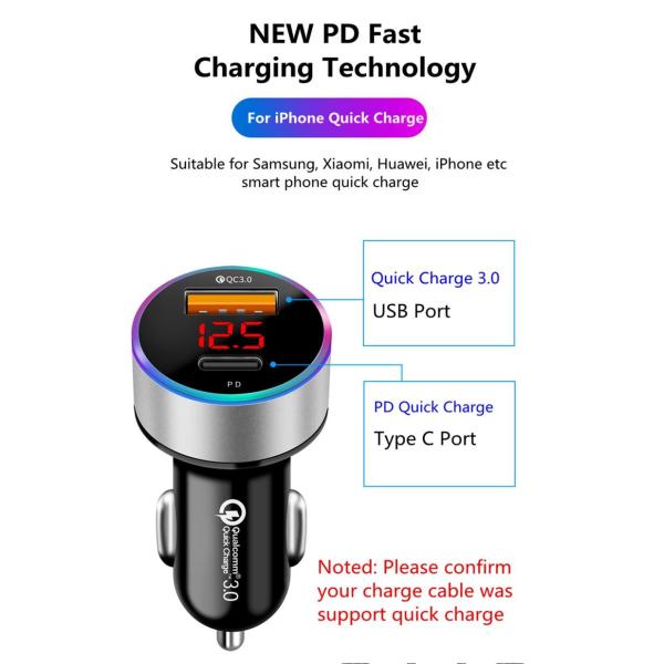 LCD Type C Car Charger PD 6A 36W QC3.0 For IPhone Huawei Xiaomi