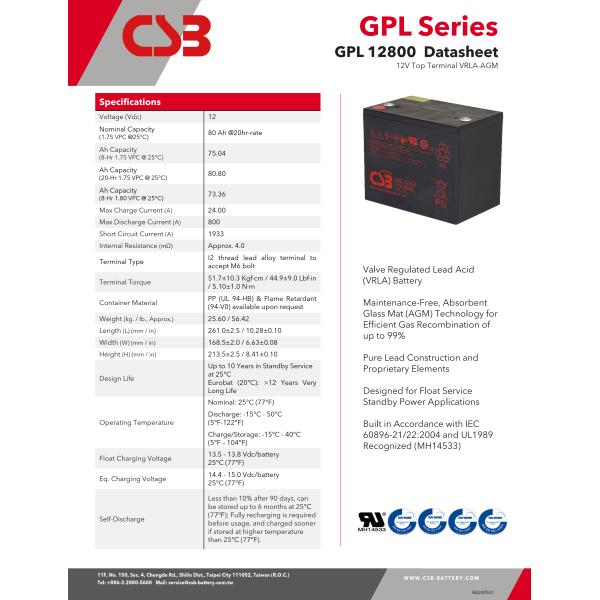 CSB Battery GPL12800 12V 80Ah Long Life Maintenance-Free Rechargeable VRLA Lead Acid Battery For UPS